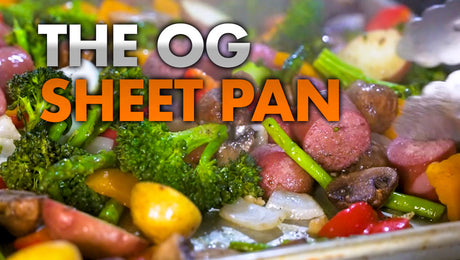 Healthy and colorful vegetable and smoked sausage sheet pan